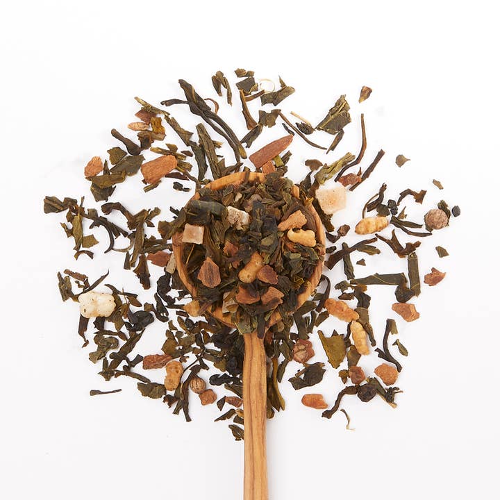 JusTea - Wholesale Loose Tea - Coconut Green Tin & Spoon - Organic, Fair-Trade, Green Tea