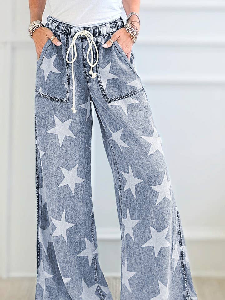 Light Blue Star Print Light Wash Drawstring High Waist Wide Leg Jeans for wholesale by Lovesoft