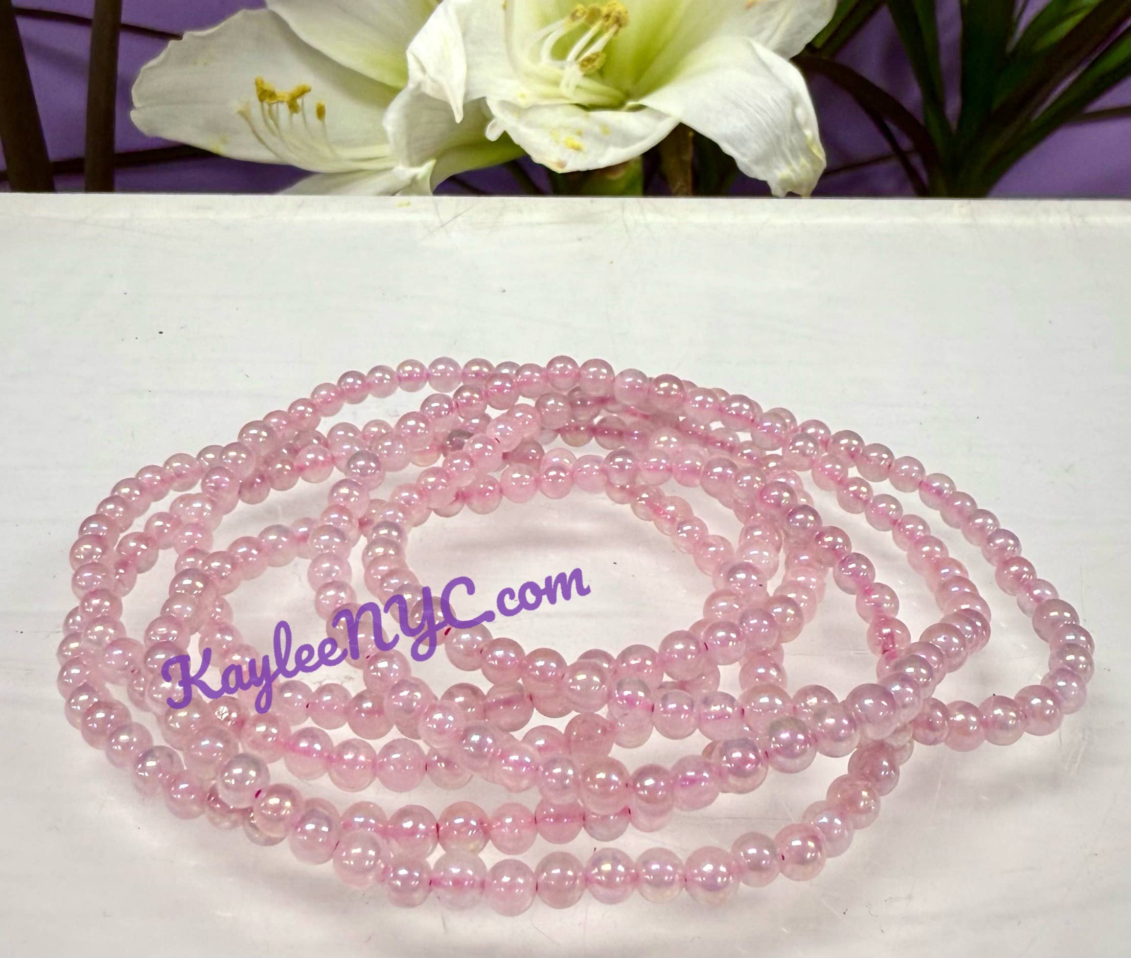 KayleeNYC – wholesale Pärlarmband – Ängel Aura Rosenkvarts 4mm 7,5” Stretcharmband3