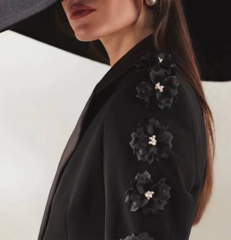 Black SET6-21 Elegant Floral Ruffle Blazer & Flare Pant Suit for wholesale on Faire7