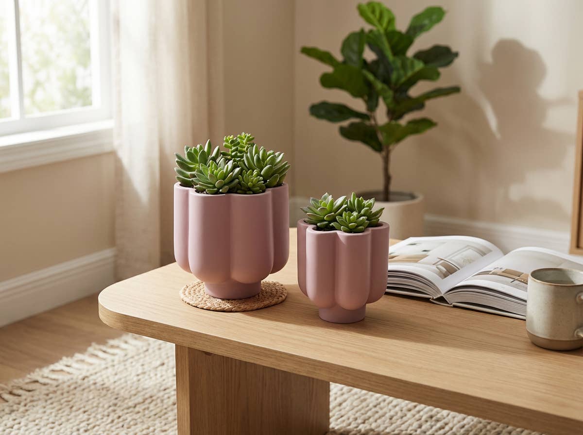 Flora Bunda Inc - Wholesale Plant Pot - Set of 2 – Pink Scallop Ceramic Planters on Footed Base2