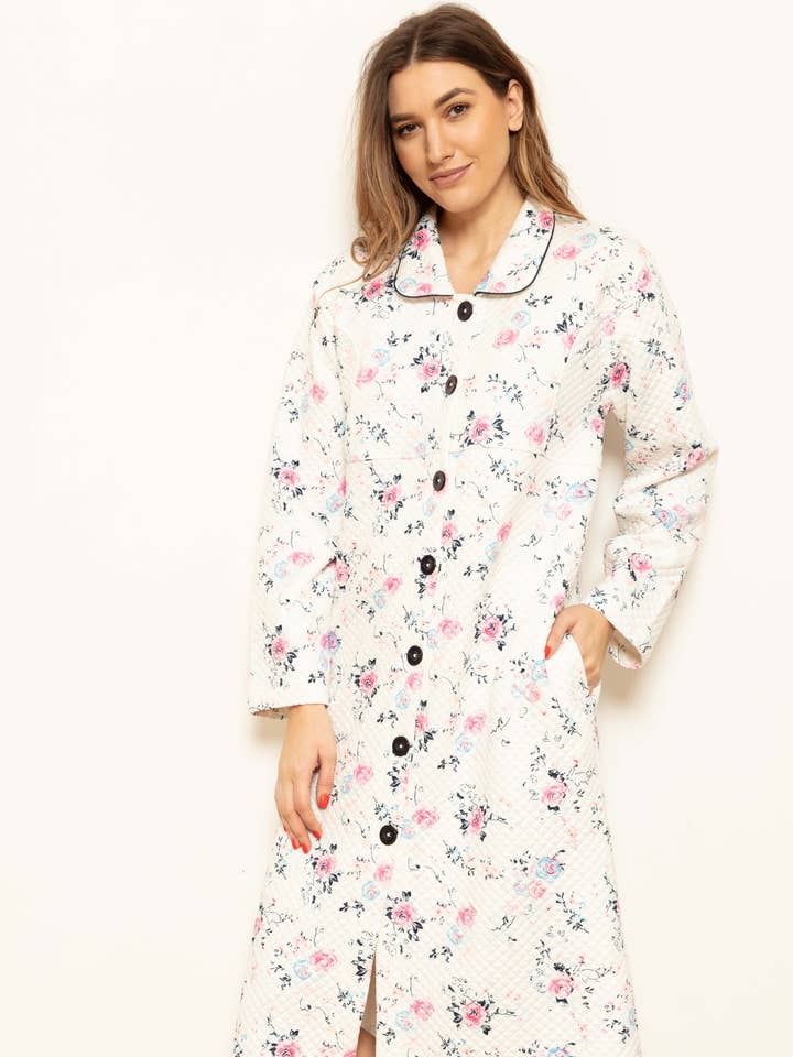 Peignoir boutonné 100 % coton matelassé English Rose pour la vente par Cottonreal