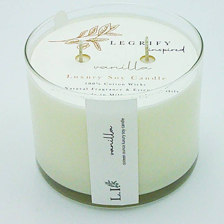 Candela di soia Vanilla Candle Classic in vetro a 2 stopp per la vendita all'ingrosso da parte di Legrify Inspired Luxury Candles & Home Fragrance