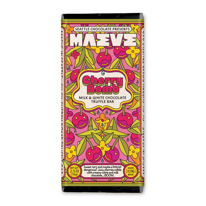 NEW! Spring - Cherry Bomb Truffle Bar for wholesale by Seattle Chocolate Presents Maeve