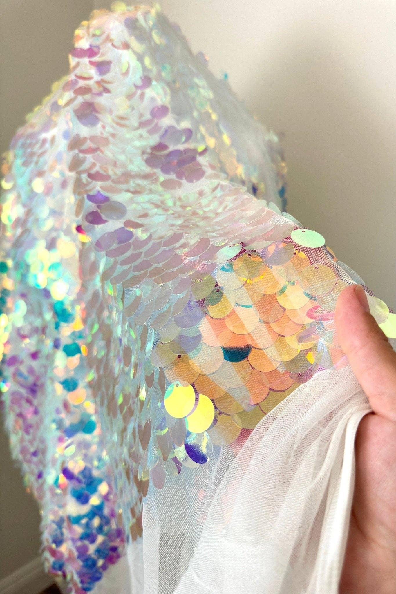 GalaTextile - Wholesale Fabric - Iridescent Coin Sequin on White Mesh Fabric by Yard Jumbo Paillette Sequins on Mesh Material for Event Decoration, Backdrops, Bridal Fabric5
