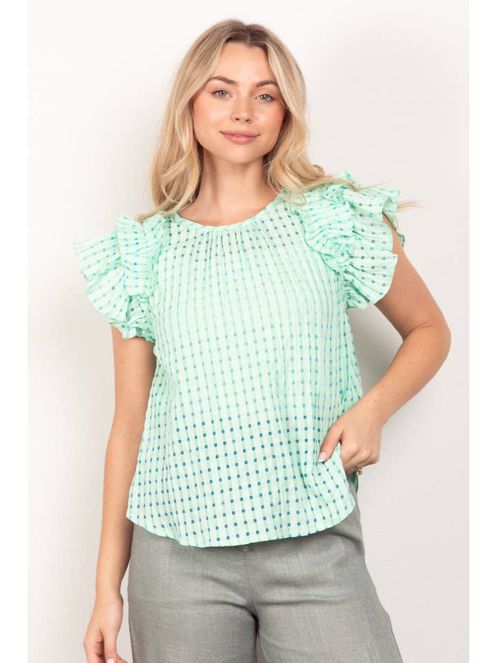 MANGO NT11480-Layer Ruffle Sleeve Plaid Flannel Woven Top for wholesale on Faire