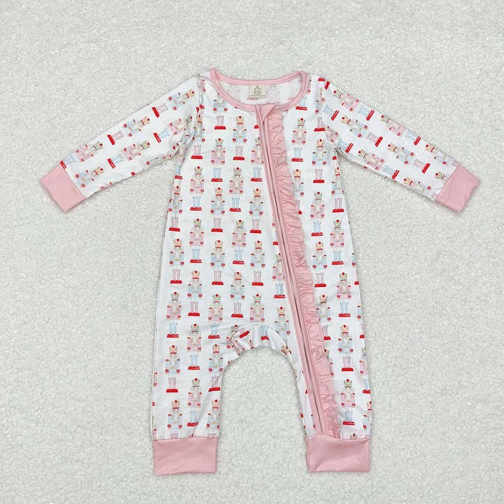 Baby Infant Girls Pink Christmas Soldier Zip Bamboo Rompers for wholesale by Aier Wholesale