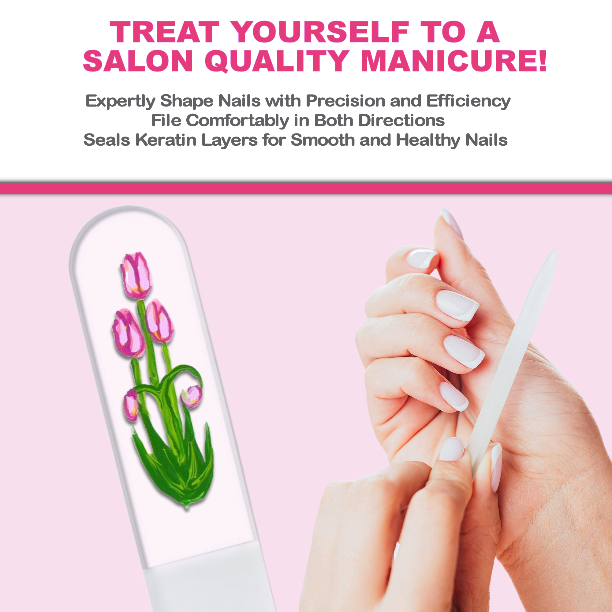 Classy Nail Files – wholesale Nail file – Pink Tulips Spring Flowers Hand Painted Crystal Nail File5