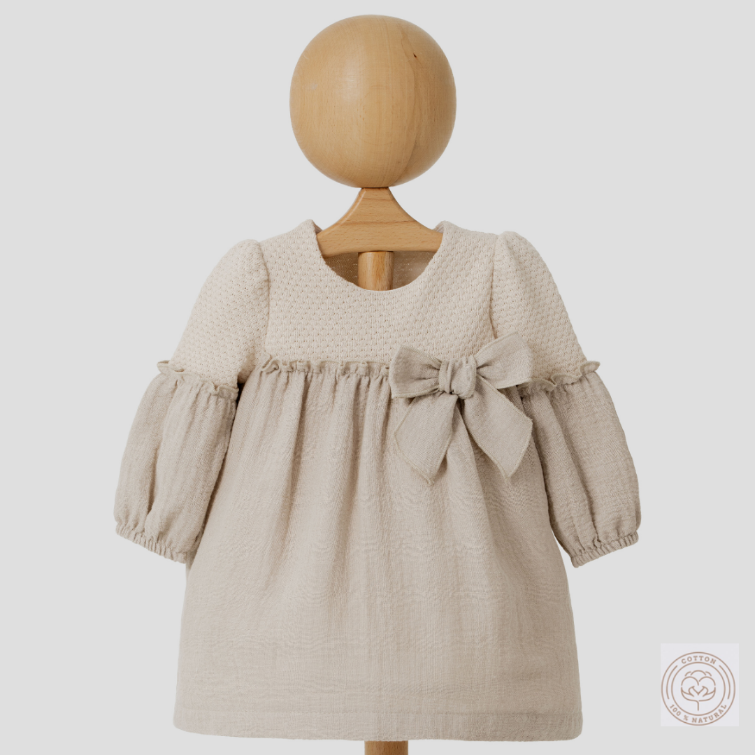 Omnis Pura - Wholesale Dress - Baby - Muslin Baby Girl Dress with Knitted Bodice – Ages 6-24 M0