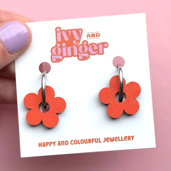 Handmade Fun Summer Statement Orange flower Hoop Earrings for wholesale by ivy and ginger