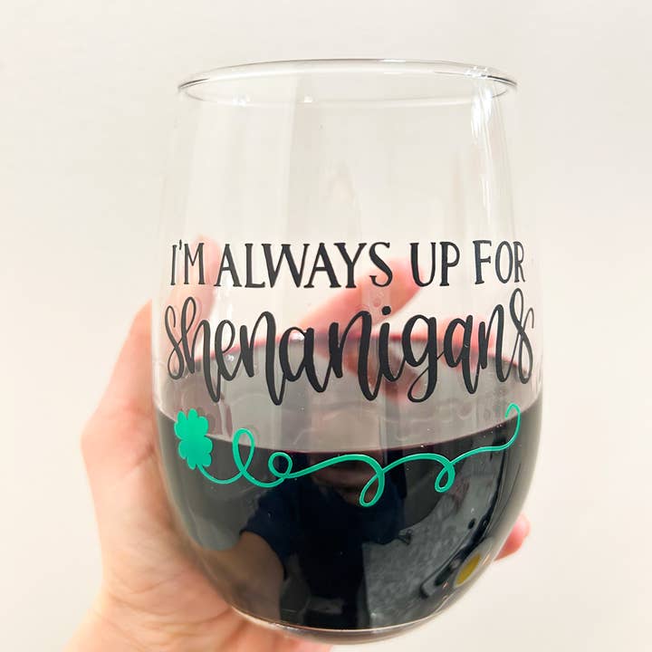 Shenanigans Wine Glass, St Patrick’s Day Wine Glass for wholesale by Acential Drinkware