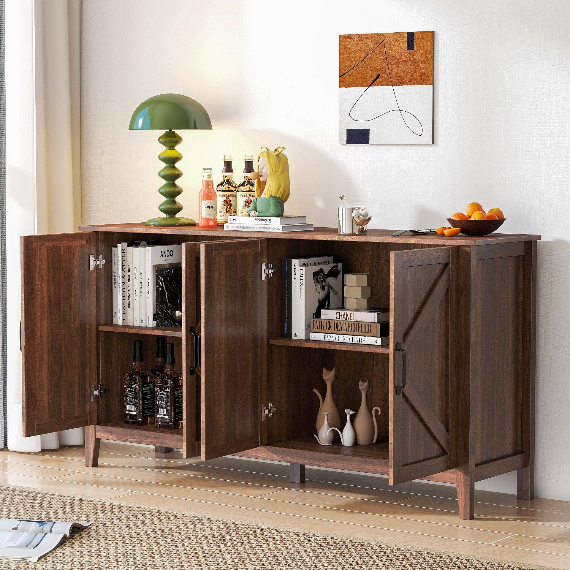 39F Inc. - Wholesale Cabinet - Walnut 4-Door Sideboard with 4 Shelves Freestanding Cabinet2