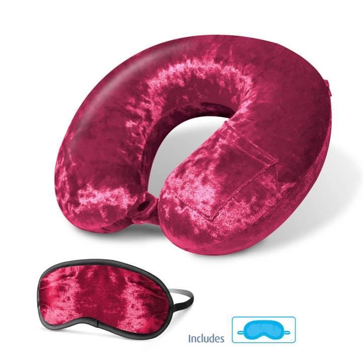 Cloudz - Wholesale Travel Pillow - Cloudz LUXE Crushed Velvet Memory Foam Travel Pillow- Red