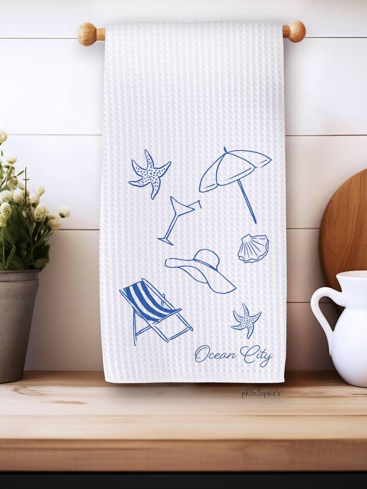 Sommerikoner Vaffelhåndklæde, Strandtema med Gratis Navnetryk for engroshandel hos philoSophie's Stationery & Gifts