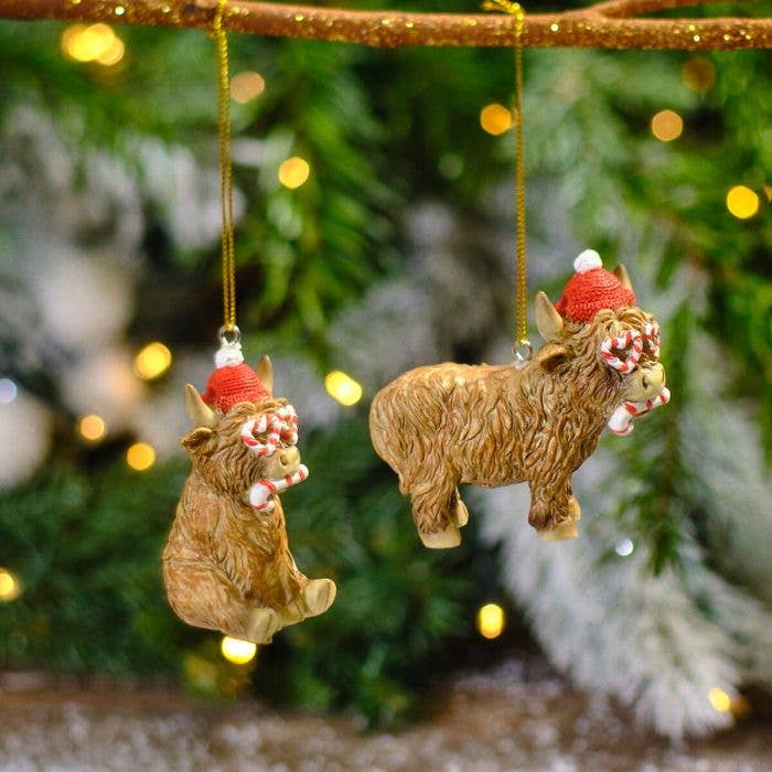 Langs - Wholesale Ornament - Christmas Highland Sitting Cow Resin Hanger With Candy Cane Glasses2