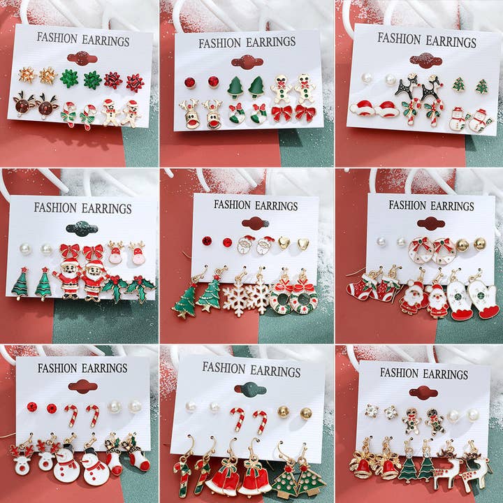 Christmas Snowflake Bell Earrings Set Cute Geometric Design Alloy for wholesale by SALINA TRADING INC