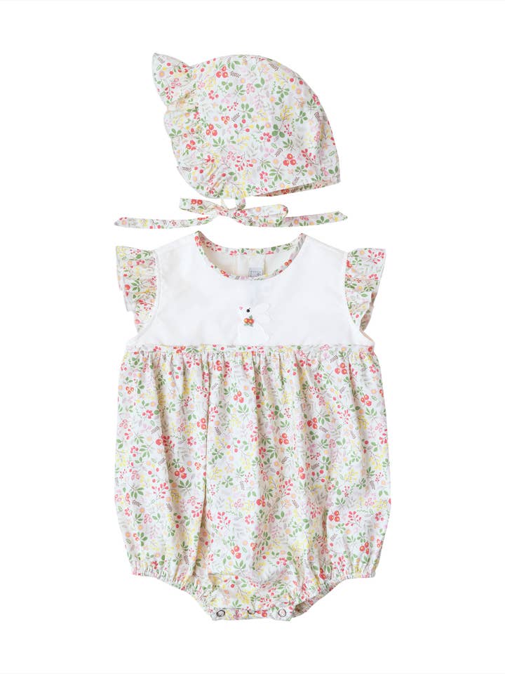 Floral Bunny Applique Romper + Bonnet for wholesale by Smocked Bebe