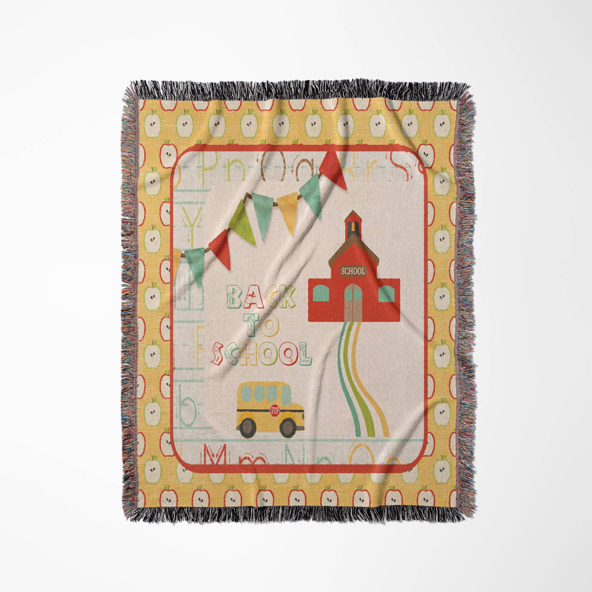 3dRose - Wholesale Throw Blanket - 3dRose, Red Old Fashion School House, Apple, Bus and Flags Back to School, Blanket0