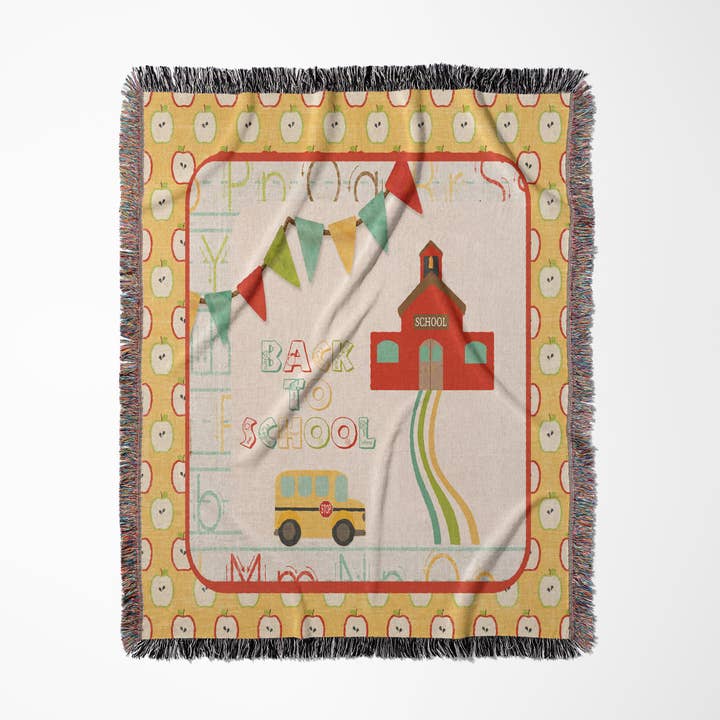 3dRose - Wholesale Throw Blanket - 3dRose, Red Old Fashion School House, Apple, Bus and Flags Back to School, Blanket0