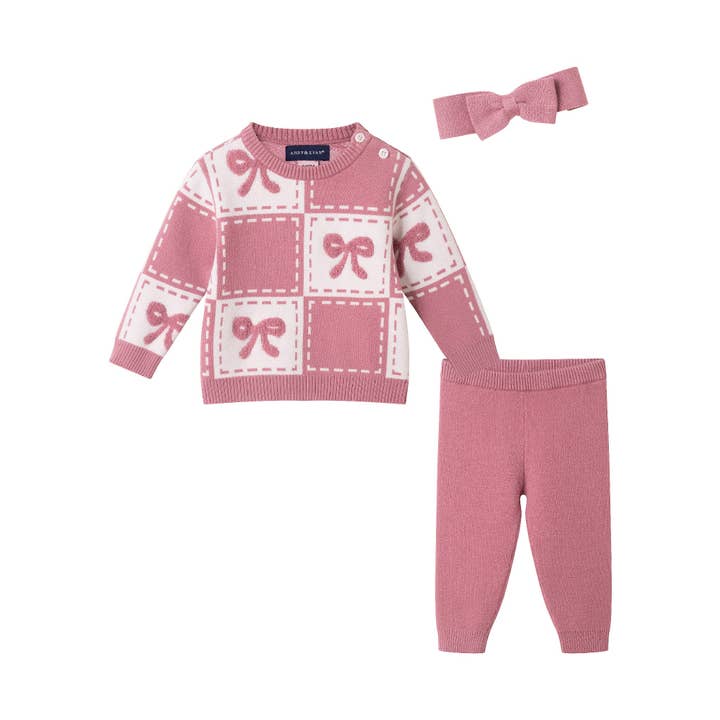 Infant Chenille Sweater Set with Headband | Pink Bows for wholesale by Andy & Evan