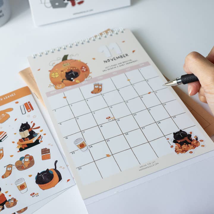 Moonaries illo - Wholesale Calendar - Cute Black Cat Desk Calendar 2026 - A5 portrait20