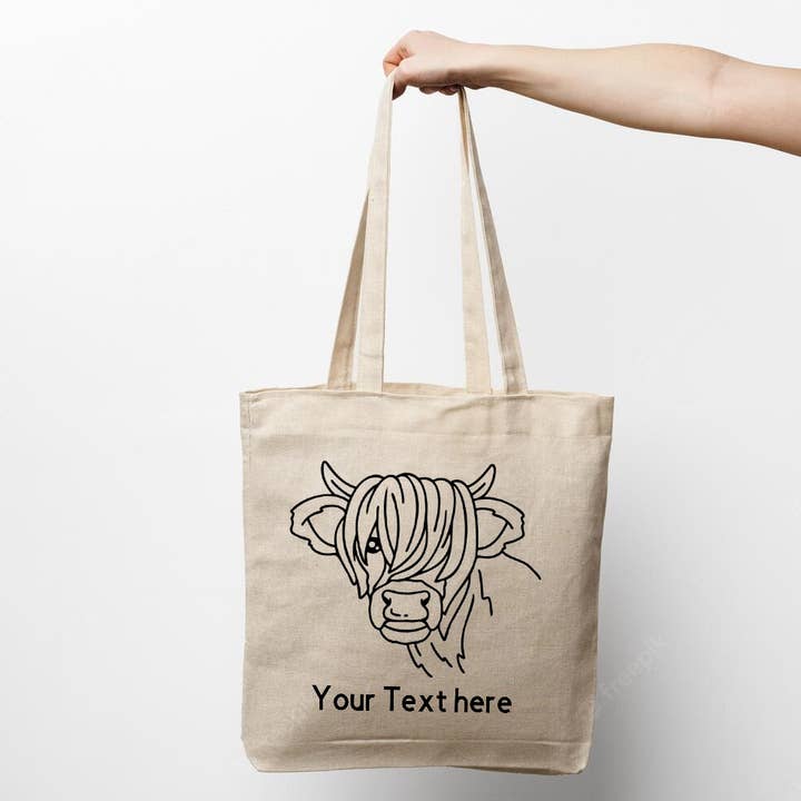 Scottish Highland Cow tote bag- Personalisation optional for wholesale by Thread and Needles Co