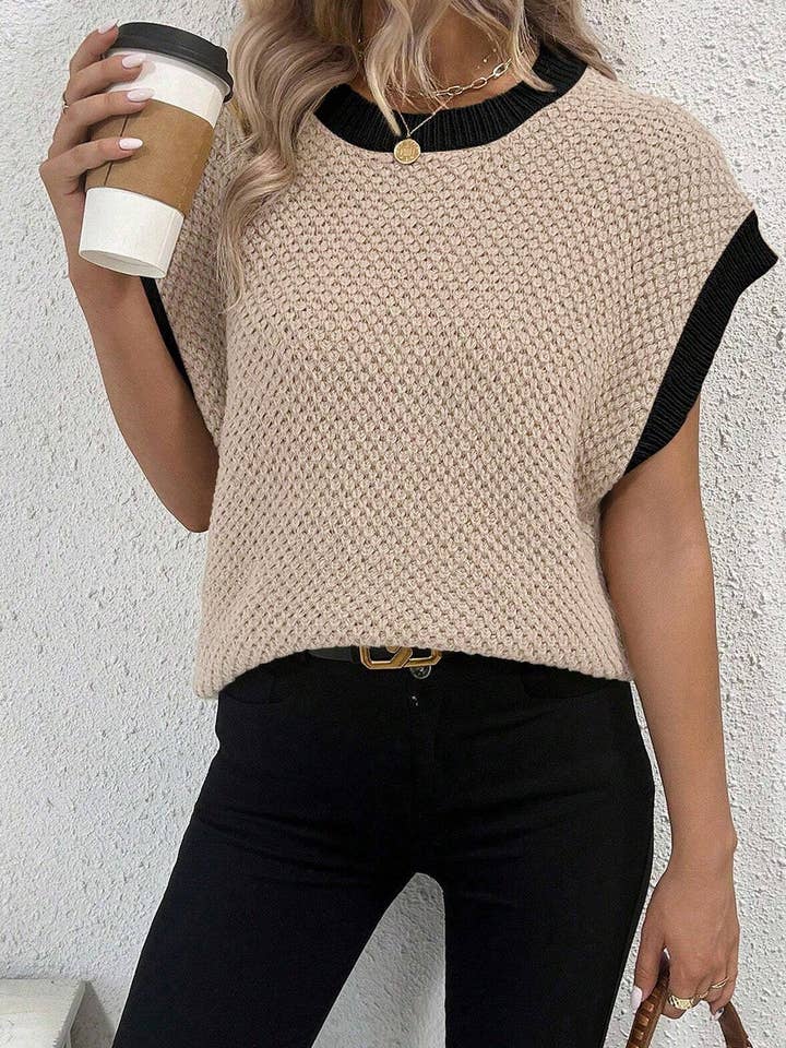 Light French Beige Contrast Trim Batwing Sleeve Sweater Top for wholesale on Faire