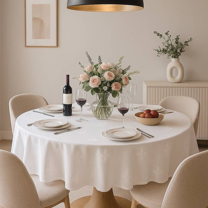 French Lily Weiße runde Tischdecke - Damast - Jacquard für den Großhandel von Bamar