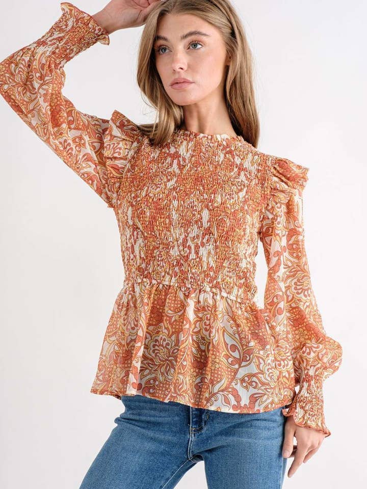 Rust Floral Top With Long Sleeve for wholesale on Faire