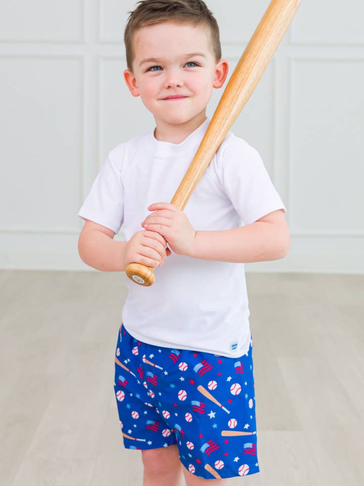 Blue Boys Play Ball Baseball Swim Trunks for wholesale on Faire