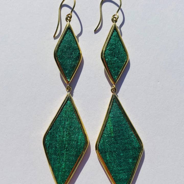 Silk & Brass Double Diamonds-Shape Earrings for wholesale by Marigold Collective