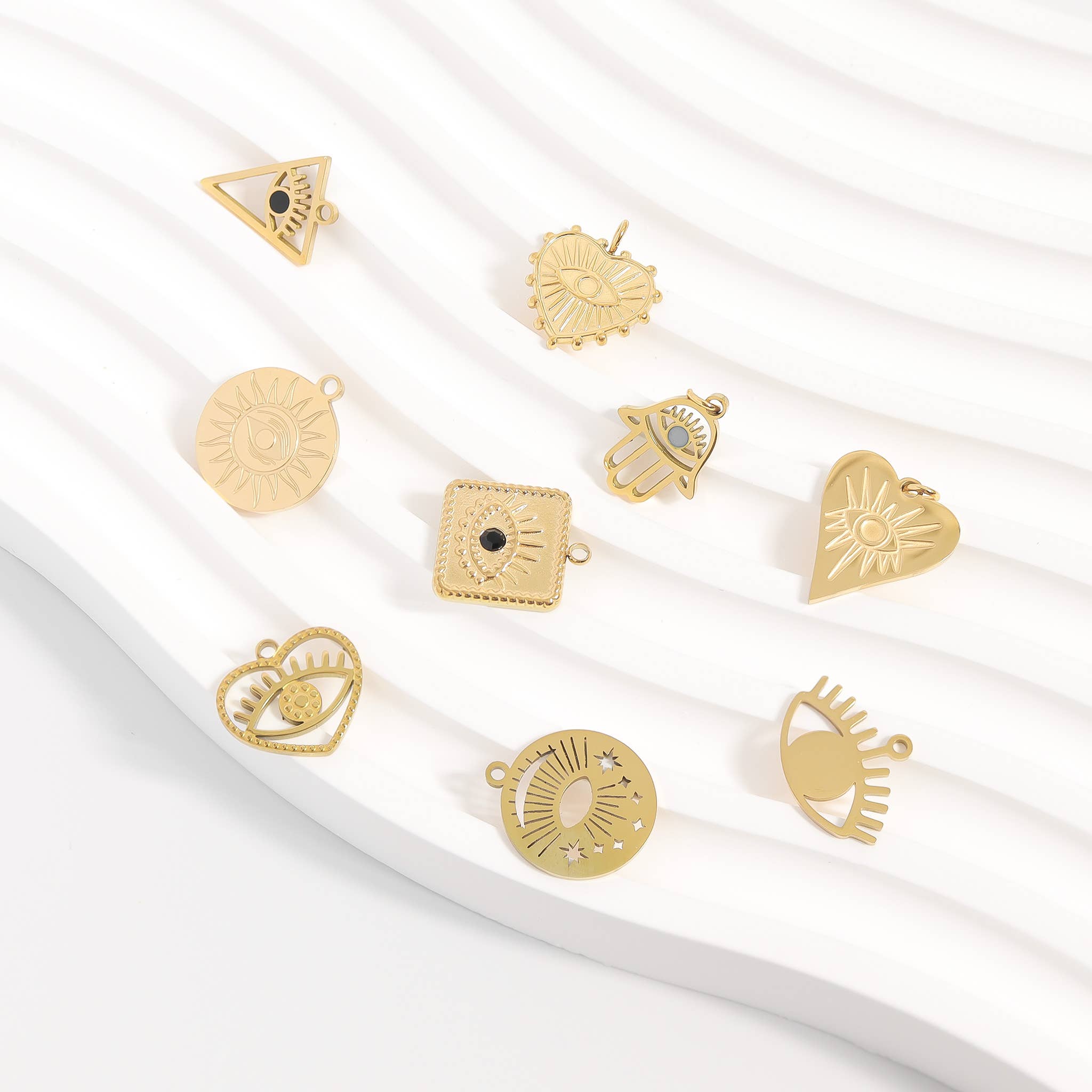 WJW - Wholesale Individual Charm/Pendant - 18K Gold PVD Stainless Steel Textured Heart Evil Eye Charm3