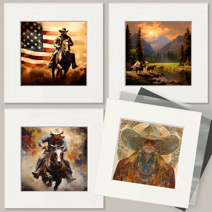 Mowbi - Vendita all'ingrosso Stampa artistica - Vintage Sunrise Cowboy – Stampa d'arte per parete in stile western e sud-occidentale – Opera 20x25 cm – Passepartout 28x35 cm2