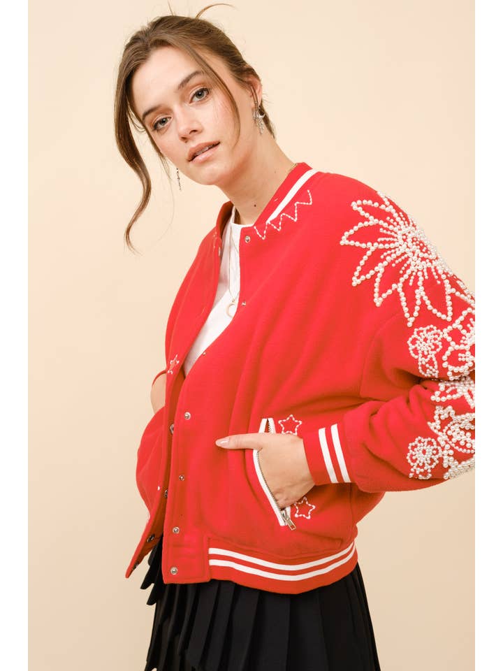 CHEERY RED 22881J - Pearl Embellished Bomber Jacket for wholesale on Faire