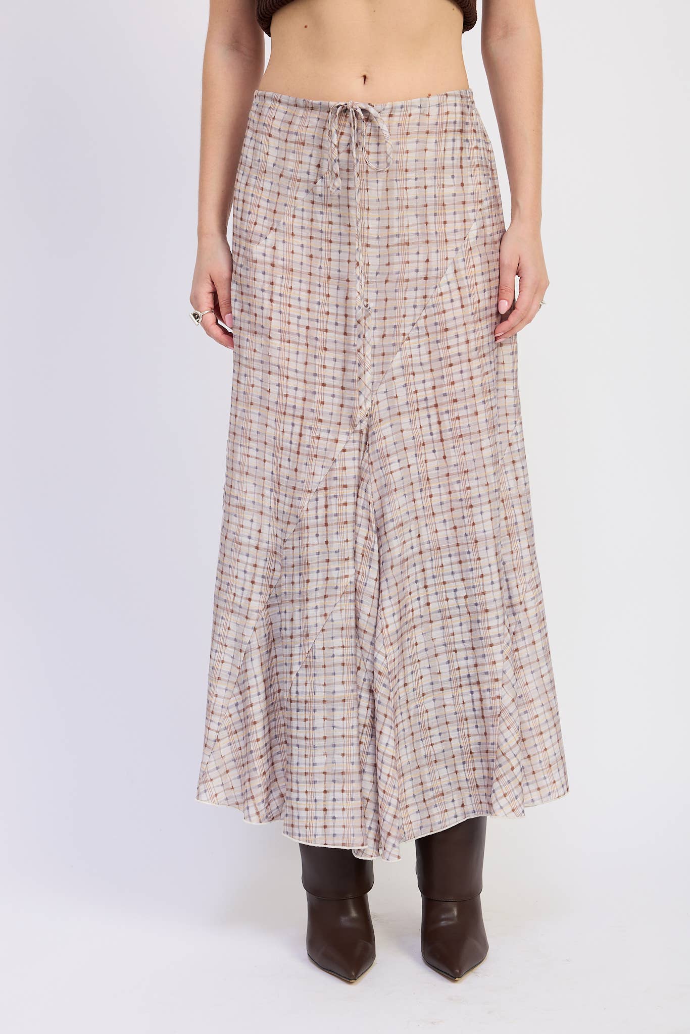 GREY PURPLE MULTI DRAWSTRING MAXI SKIRT WITH ASYMMETRICAL SEAMS for wholesale on Faire2