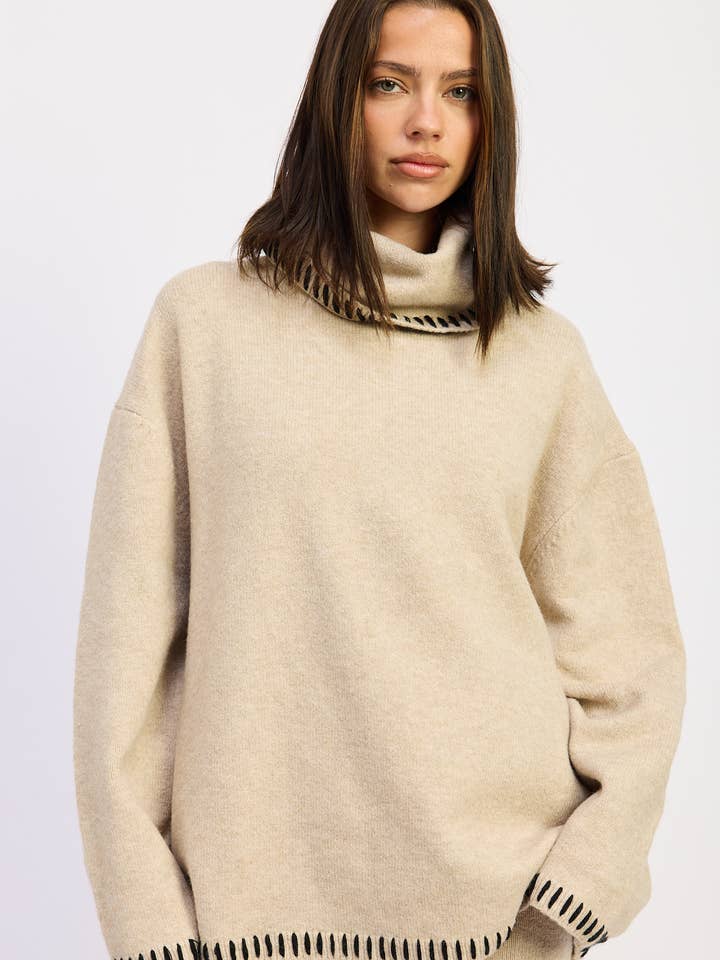 OVERSIZED TURTLE NECK SWEATER WITH STITCHING for wholesale by Emory Park