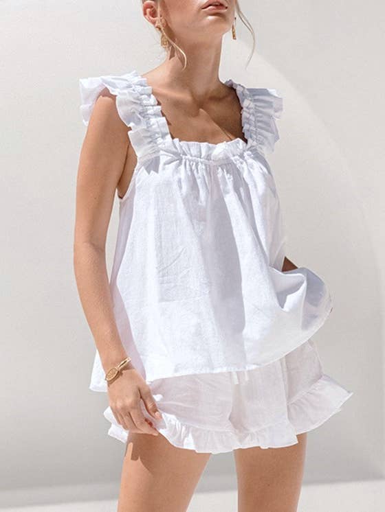 Rosa Clothing - Wholesale Lounge Set - Women's - Ruffle Trim Tank Top And Shorts Pajama Set