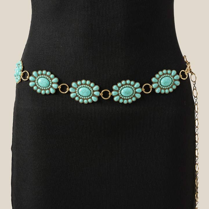 Western Turquoise Stone Bead Concho Disc Chain Belt for wholesale by Anarchy Street