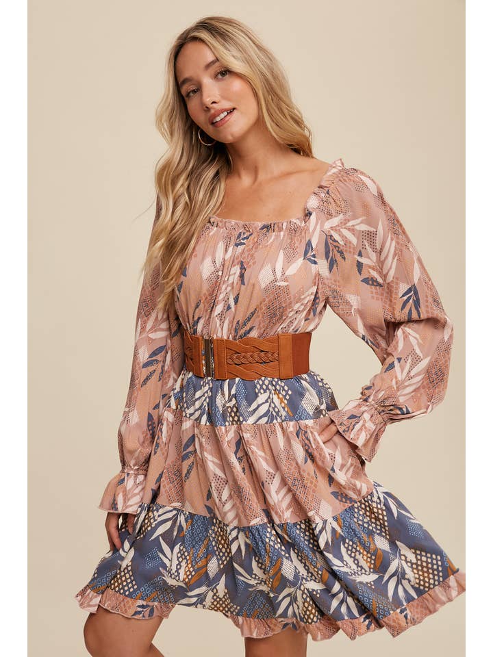 Listicle - Wholesale Dress - Women's - Patchwork Puff-Sleeve Tiered Mini Dress3