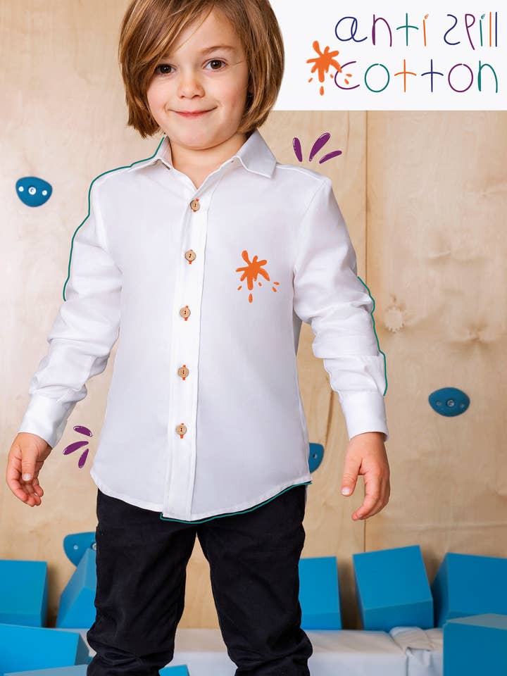 boy.ish edged collar anti-spill button-up for wholesale by Kidish