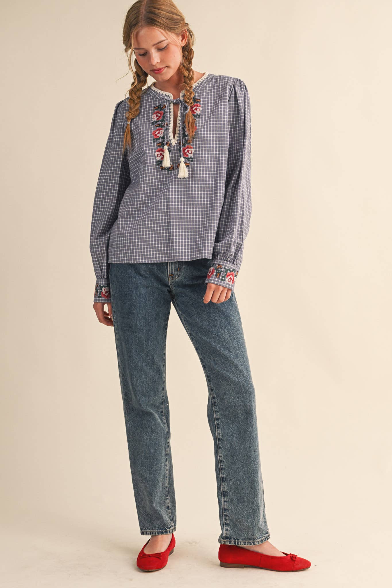 &MERCI - Wholesale Blouse - Women's - FLORAL CROSS STITCH EMBROIDERED CHECKERED TOP MTP41475