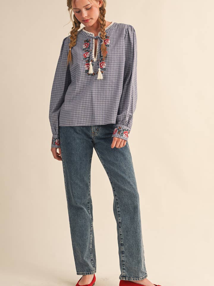 &MERCI - Wholesale Blouse - Women's - FLORAL CROSS STITCH EMBROIDERED CHECKERED TOP MTP41475