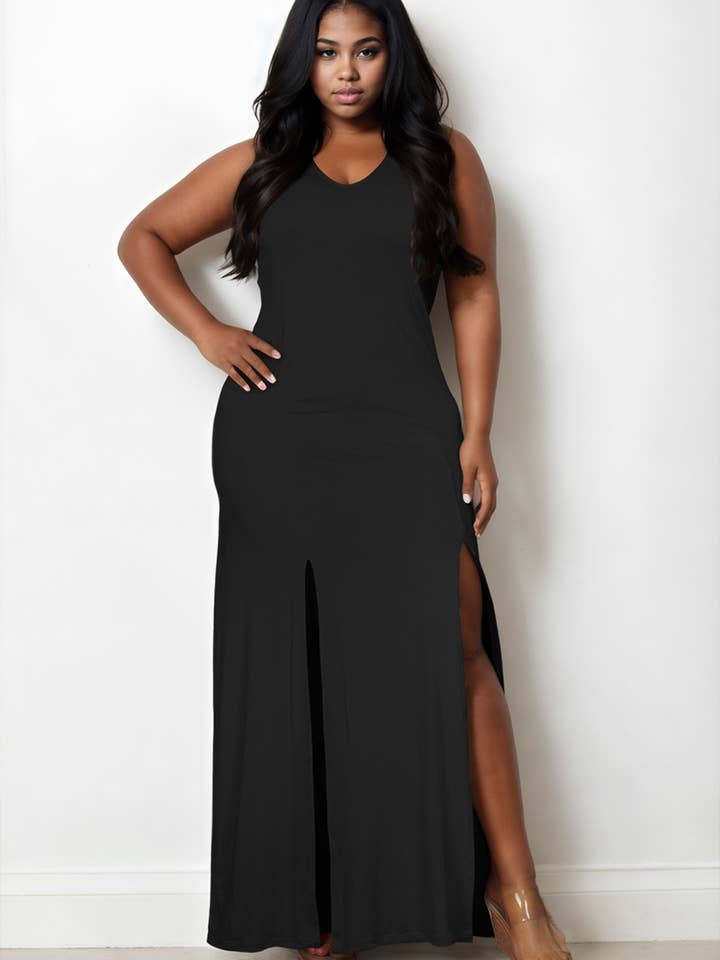 CAPELLA APPAREL - Vente Robe – femme - Robe maxi à encolure plongeante et fente sur les cuisses de grande taille1