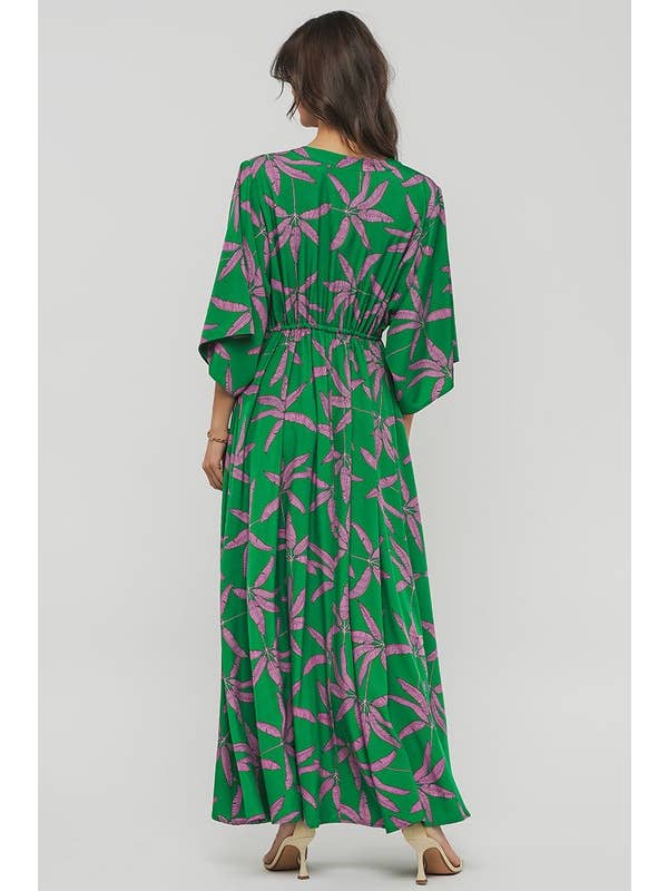 Urban Daizy - Wholesale Dress - Women's - Romantic Palm Print V Neck Tie Waist Maxi Dress