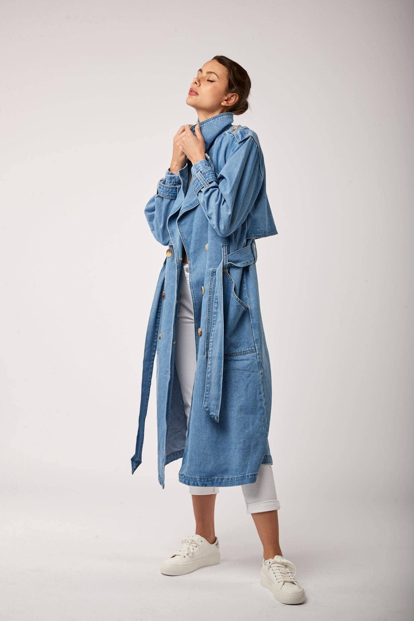 Jean bleu Toxik3 trench long en jean grand col fente arrière en vente sur Faire4