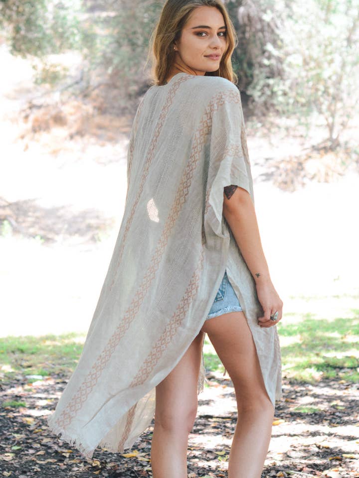 Leto Accessories - Vendita all'ingrosso Kimono - Donna - Kimono lungo intrecciato tribale a blocchi di colore3