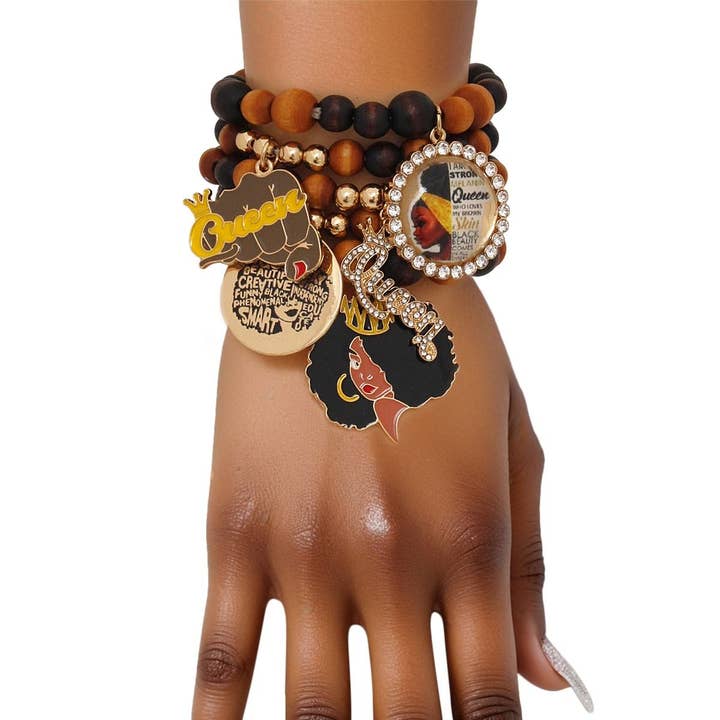 Bracelets Wood Bead Black Queen Charm Set for wholesale on Faire