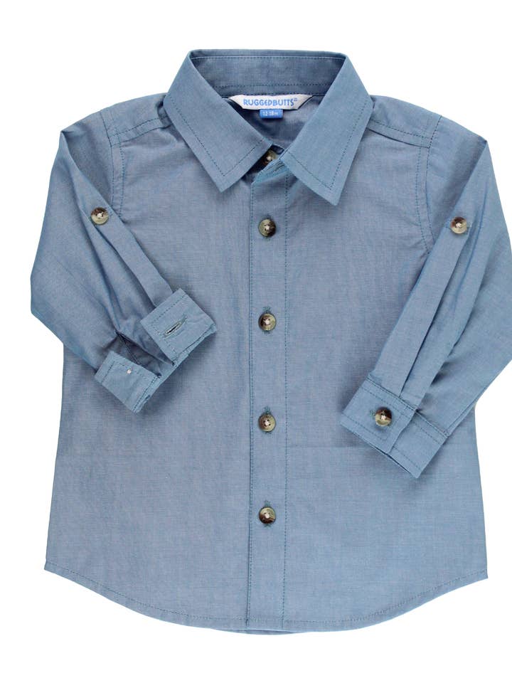 Camicia a maniche lunghe in chambray blu per ragazzi per la vendita all'ingrosso da parte di RuffleButts + RuggedButts
