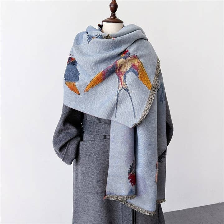 BLUE Jacquard Fringed Cashmere-Like Scarf for wholesale on Faire1