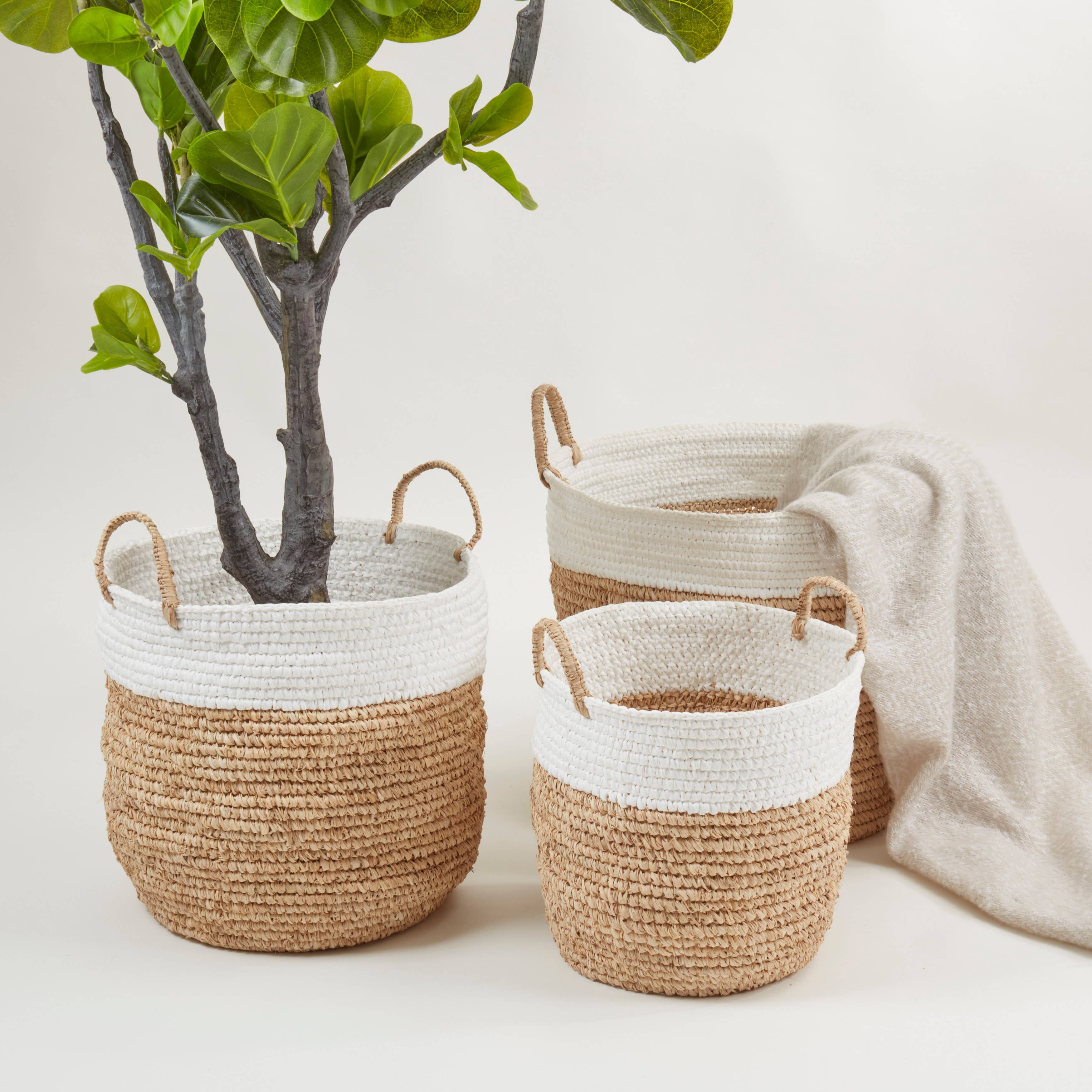 Natural Raffia Duo-Tone Woven Basket (Set of 3) for wholesale on Faire3